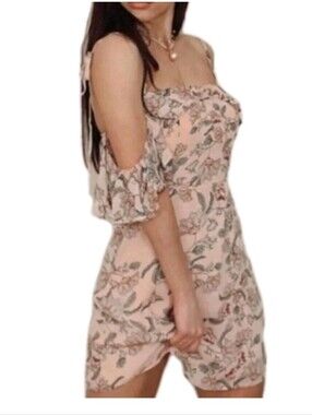 For Love & Lemons Aurora Mini Dress Pink Floral Ruffle Cold Shoulder Size Large
